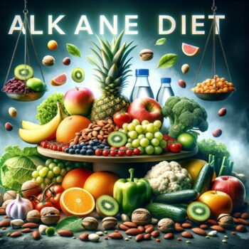 Create an image showcasing a balanced diet How does the Alkaline diet work? displaying the words \'Alkaline diet\' and \'How-Guide.net\' written in bold letters exactly as written.
