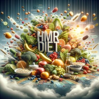 Create an image showcasing a balanced diet How does the HMR diet work? displaying the words \'HMR diet\' and displaying the words \'How-Guide.net\' written in bold letters exactly as written.