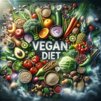 Create an image showcasing a balanced diet How does the Vegan diet work? displaying the words \'Vegan diet\' and \'How-Guide.net\' written in bold letters exactly as written.